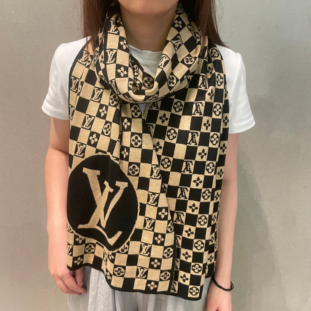 CLASSIC DAMIER SCARF 200 CM IN TORTILLA BROWN MIX BLACK CASHMERE 389749 mysite