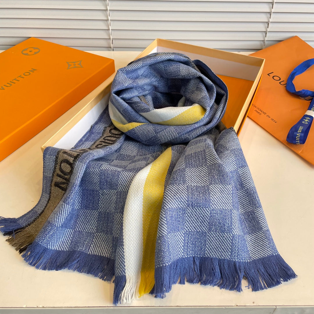 DAMIER SCARF 190 CM IN SAPPHIRE BLUE CASHMERE 391146 mysite
