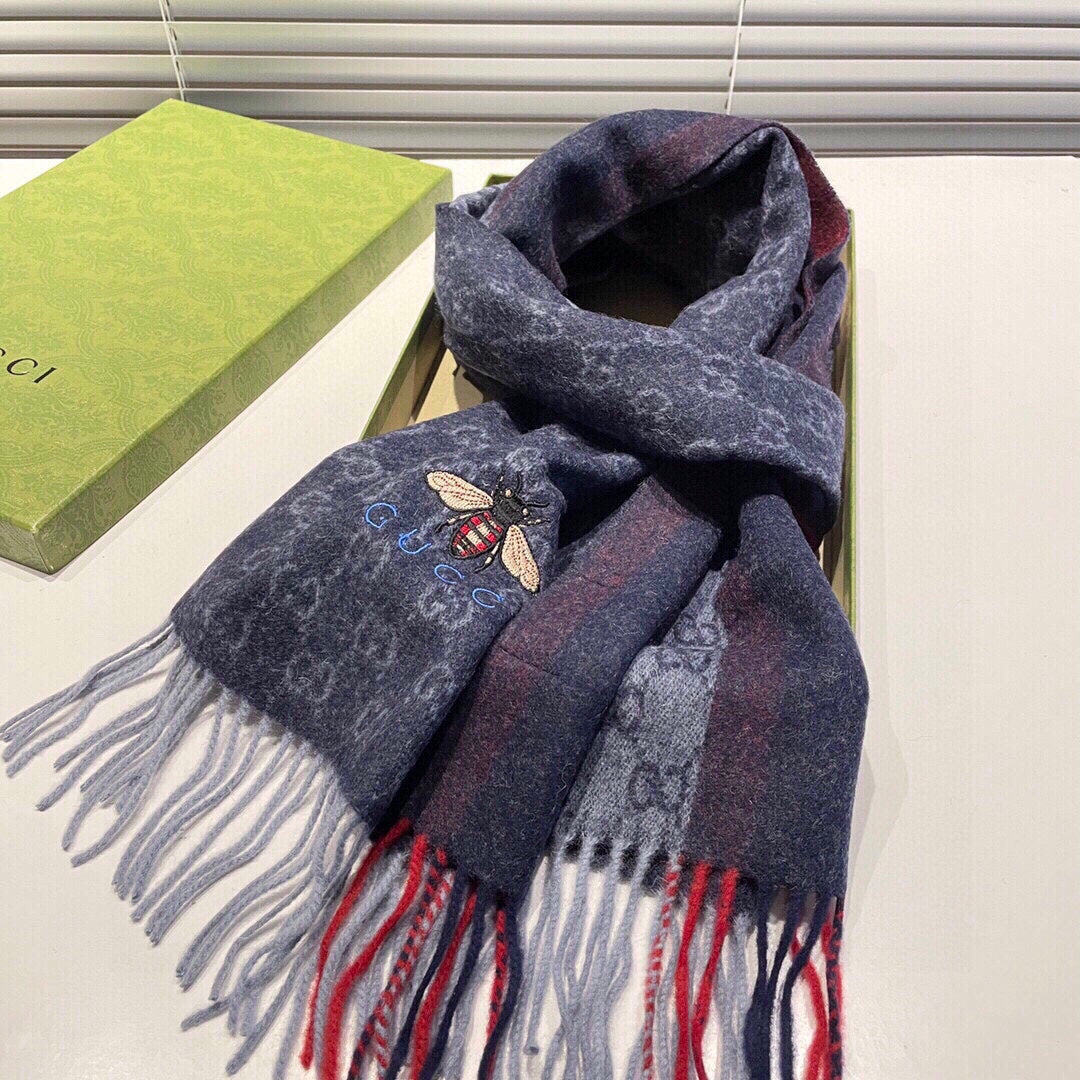 STRIPED SCARF 200 CM IN DARK GRAY CASHMERE WITH EMBROIDERED BEE 398533 mysite