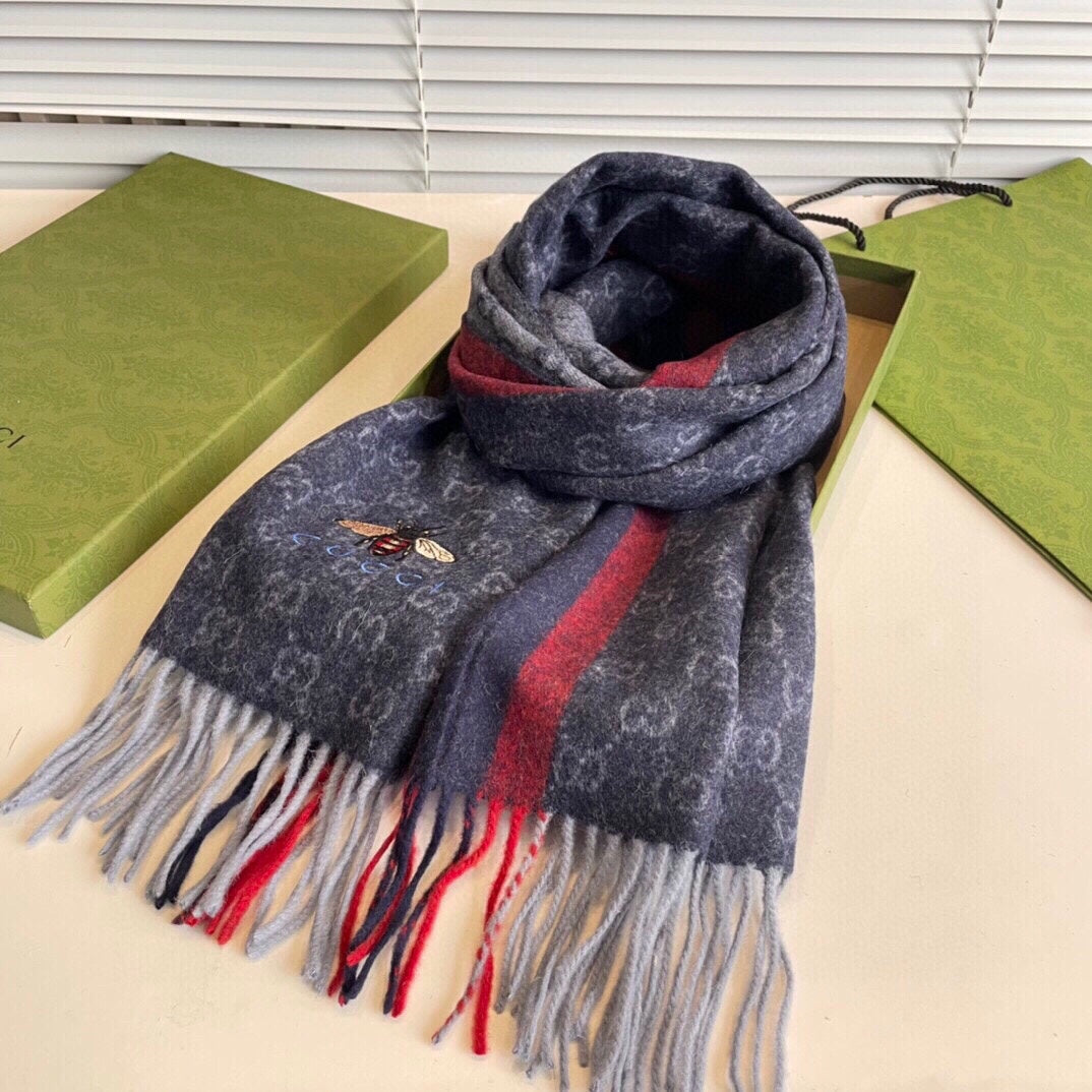 STRIPED SCARF 200 CM IN DARK GRAY CASHMERE WITH EMBROIDERED BEE 398533 mysite