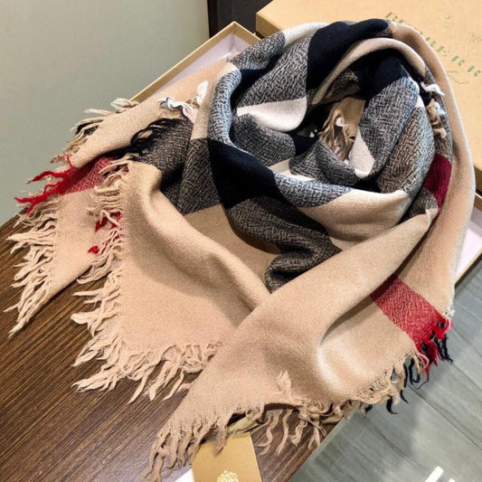 REVERSIBLE CHECK 140 CM WOOL SILK SCARF CAMEL BEIGE 408964 mysite