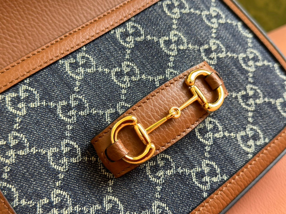 Gucci Horsebit Bag Blue mix Brown Leather Canvas 244253 mysite