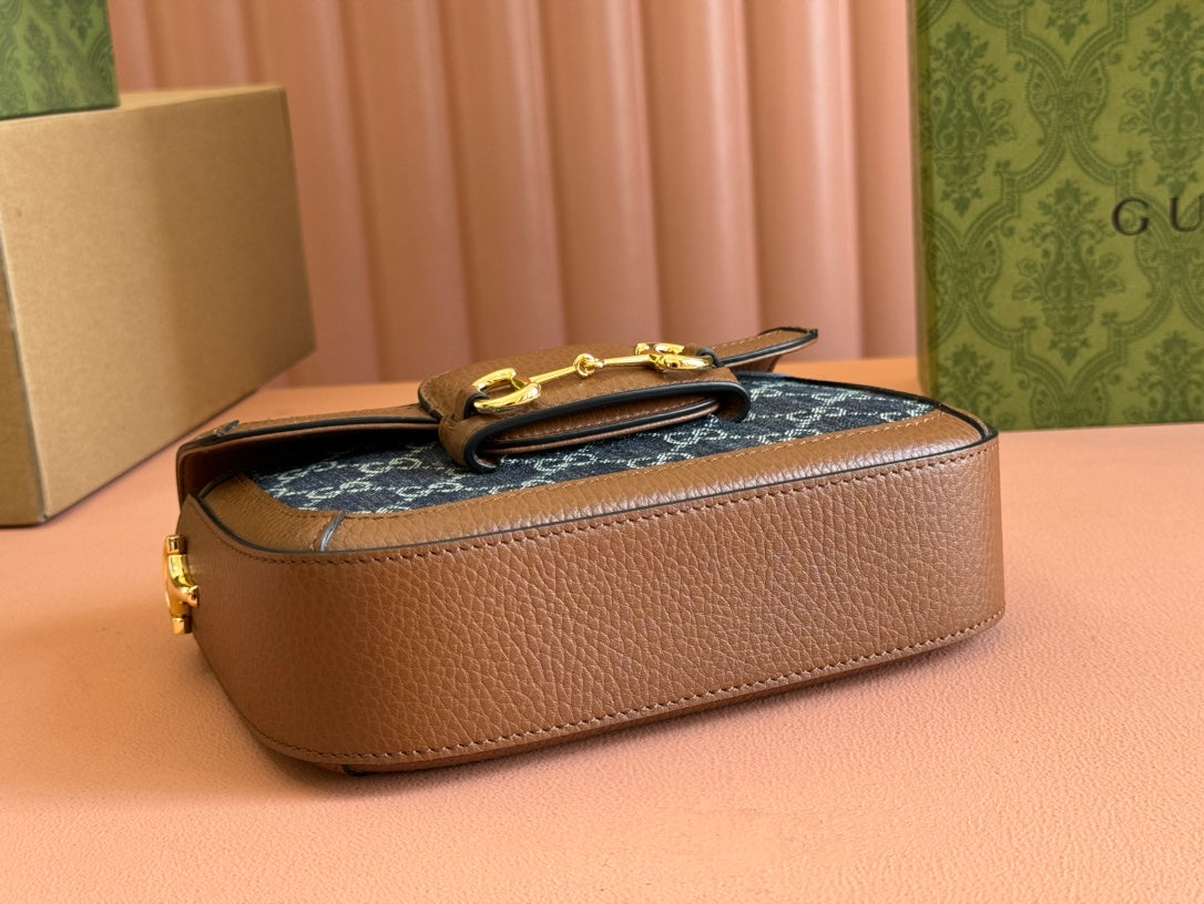 Gucci Horsebit Bag Blue mix Brown Leather Canvas 244253 mysite