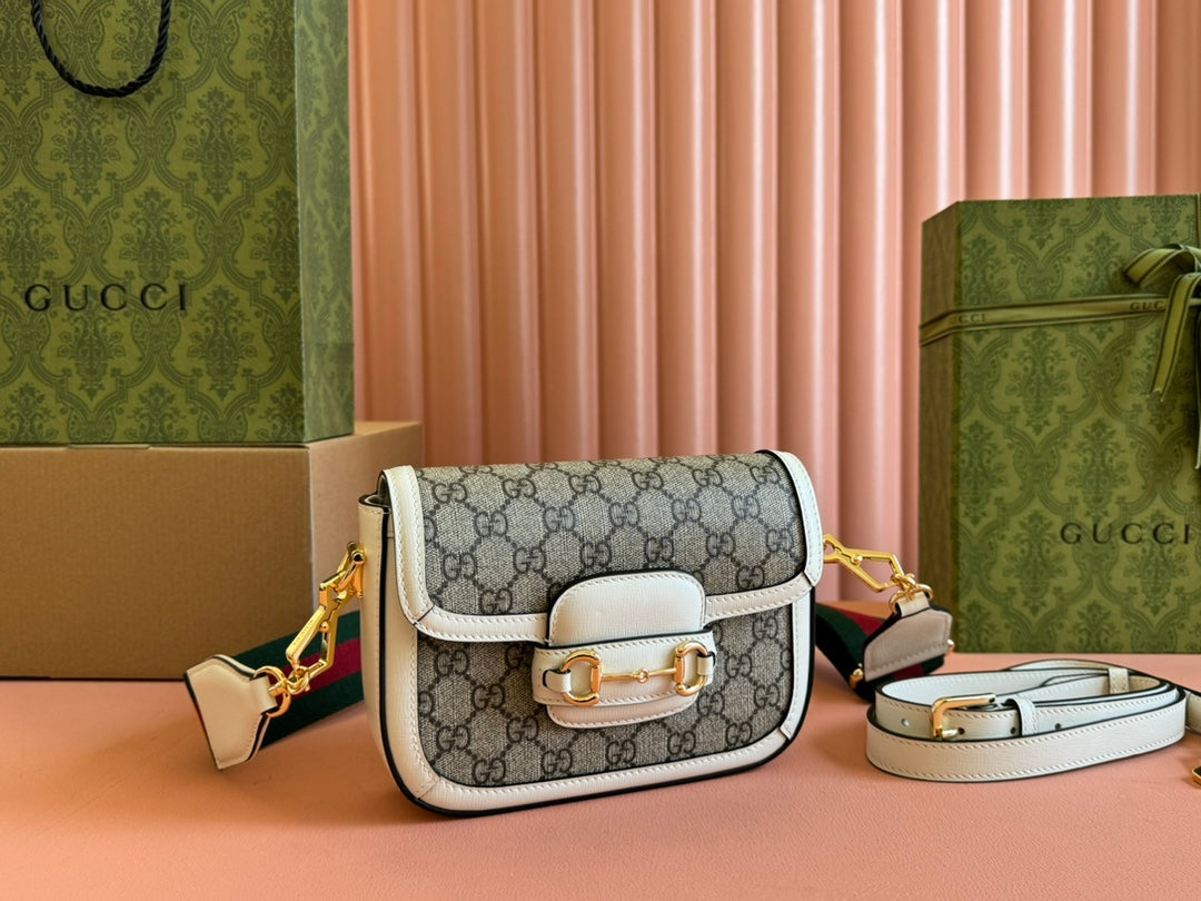 Gucci Horsebit Bag Ebony mix White Leather Canvas 244256 mysite