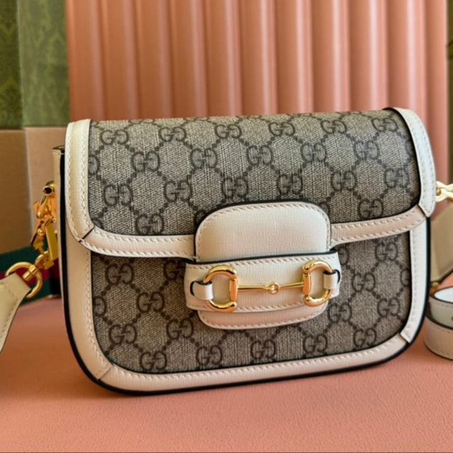 Gucci Horsebit Bag Ebony mix White Leather Canvas 244256 mysite