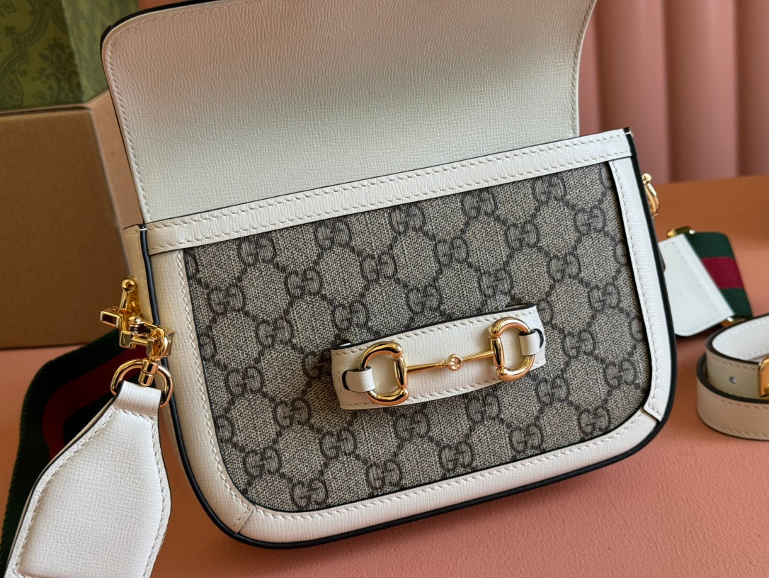 Gucci Horsebit Bag Ebony mix White Leather Canvas 244256 mysite