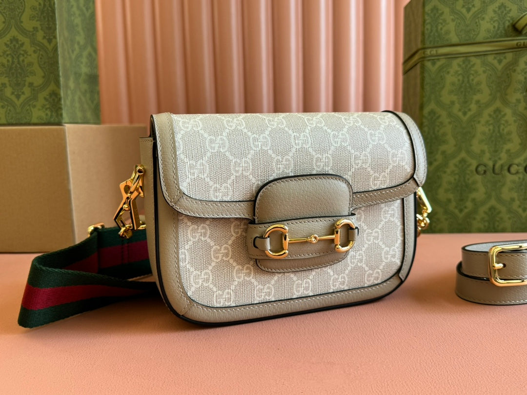 Gucci Horsebit 20.5 Bag Beige mix White Leather Canvas 244257 mysite