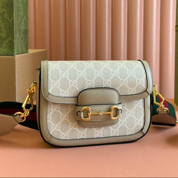 Gucci Horsebit 20.5 Bag Beige mix White Leather Canvas 244257 mysite