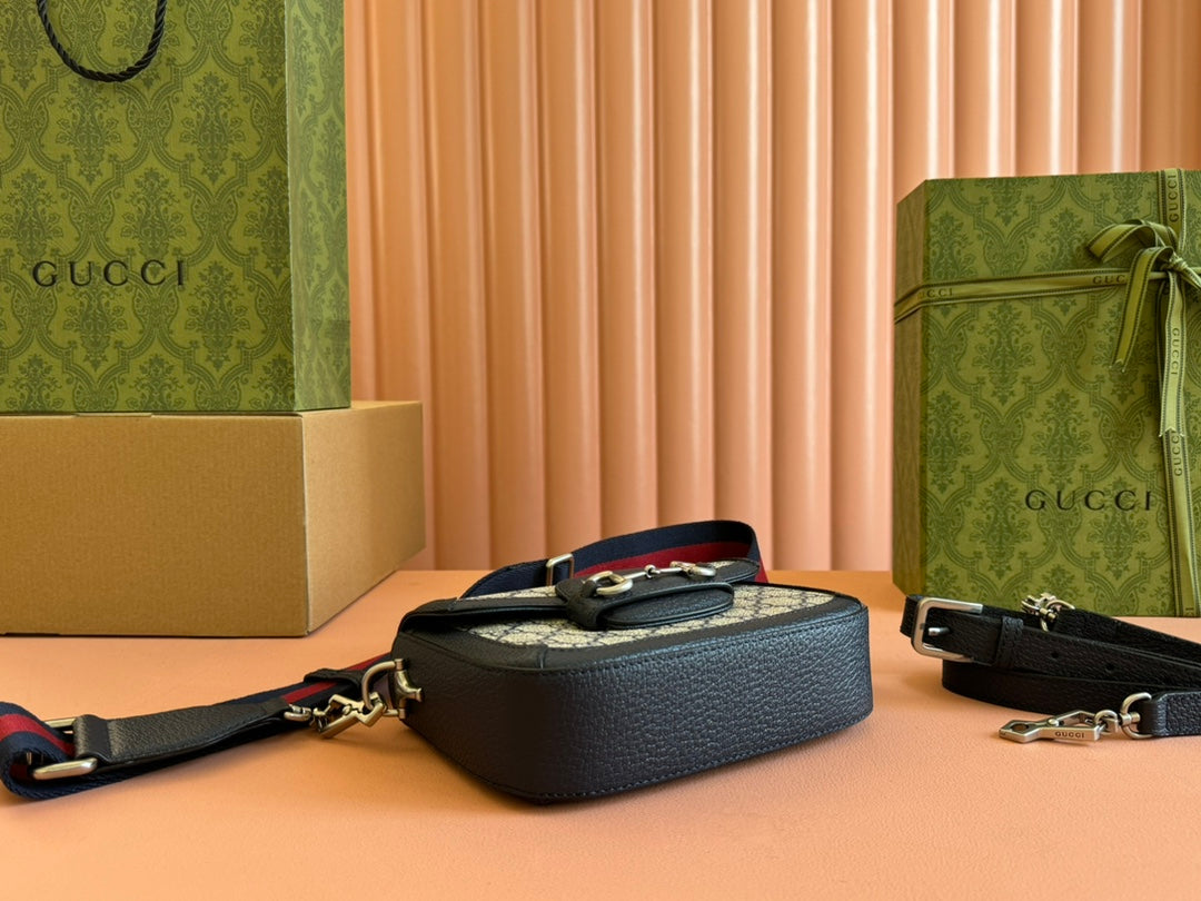 Gucci Horsebit Bag Ebony Blue Black Leather Canvas 244258 mysite