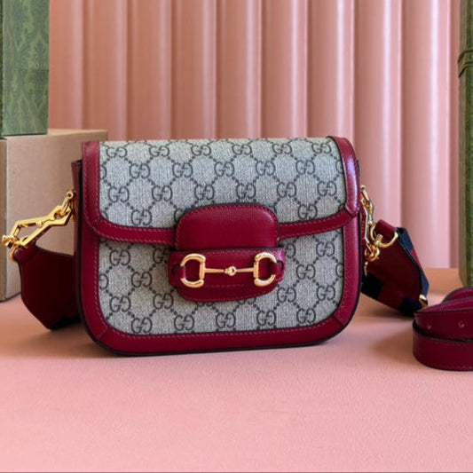 Gucci Horsebit Bag Ebony mix Rosso Ancora Red Leather Canvas 244259 mysite