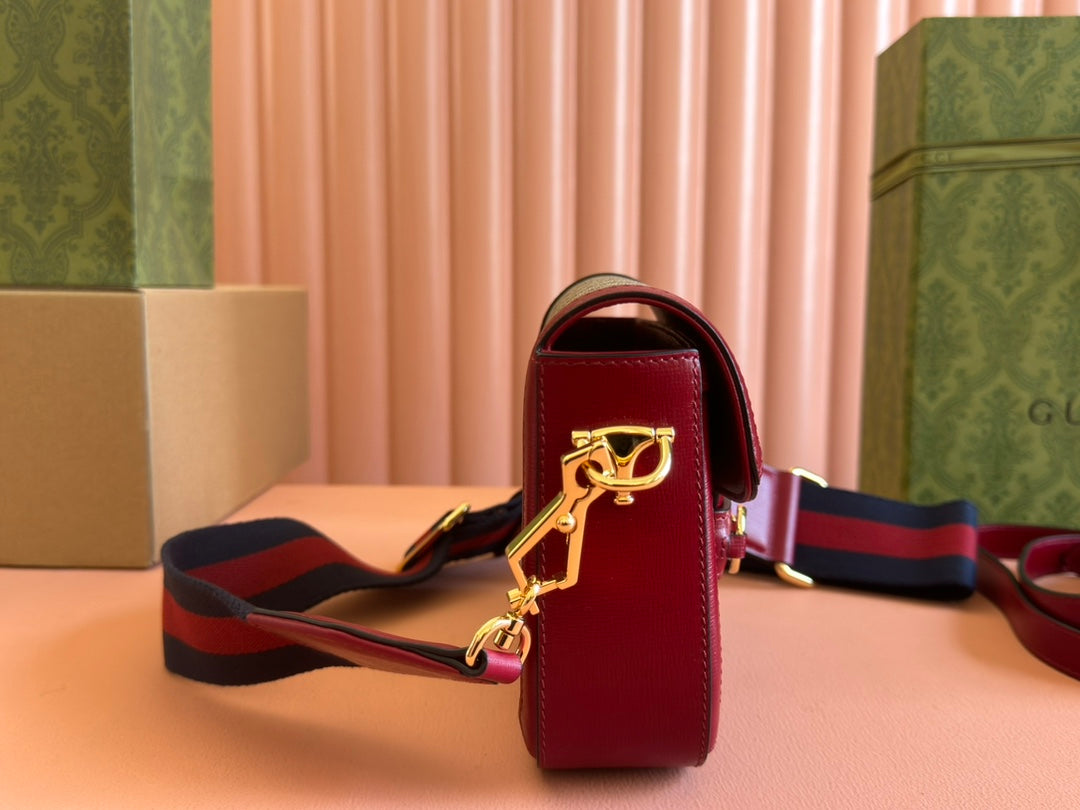 Gucci Horsebit Bag Ebony mix Rosso Ancora Red Leather Canvas 244259 mysite