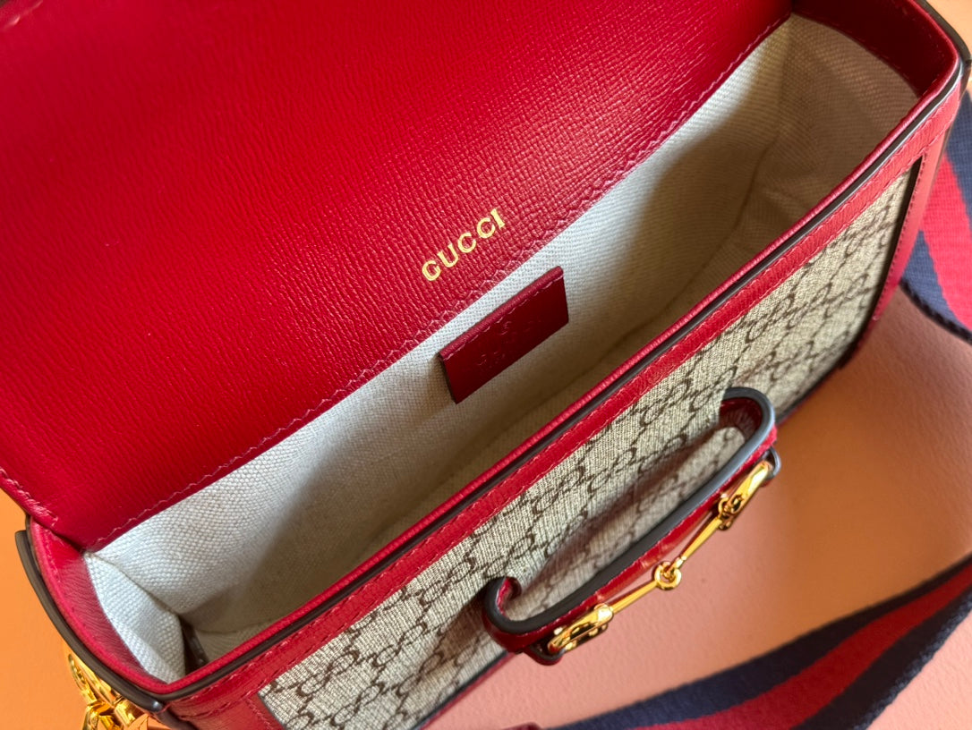 Gucci Horsebit Bag Ebony mix Rosso Ancora Red Leather Canvas 244259 mysite