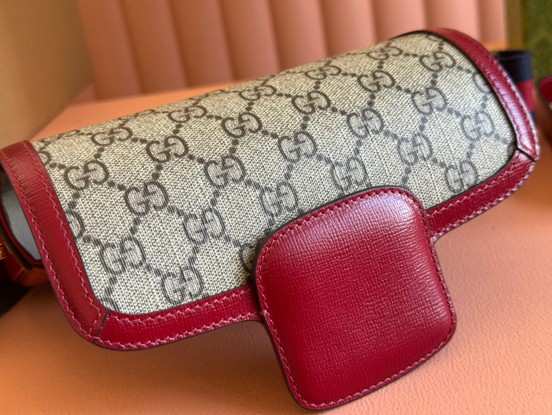 Gucci Horsebit Bag Ebony mix Rosso Ancora Red Leather Canvas 244259 mysite