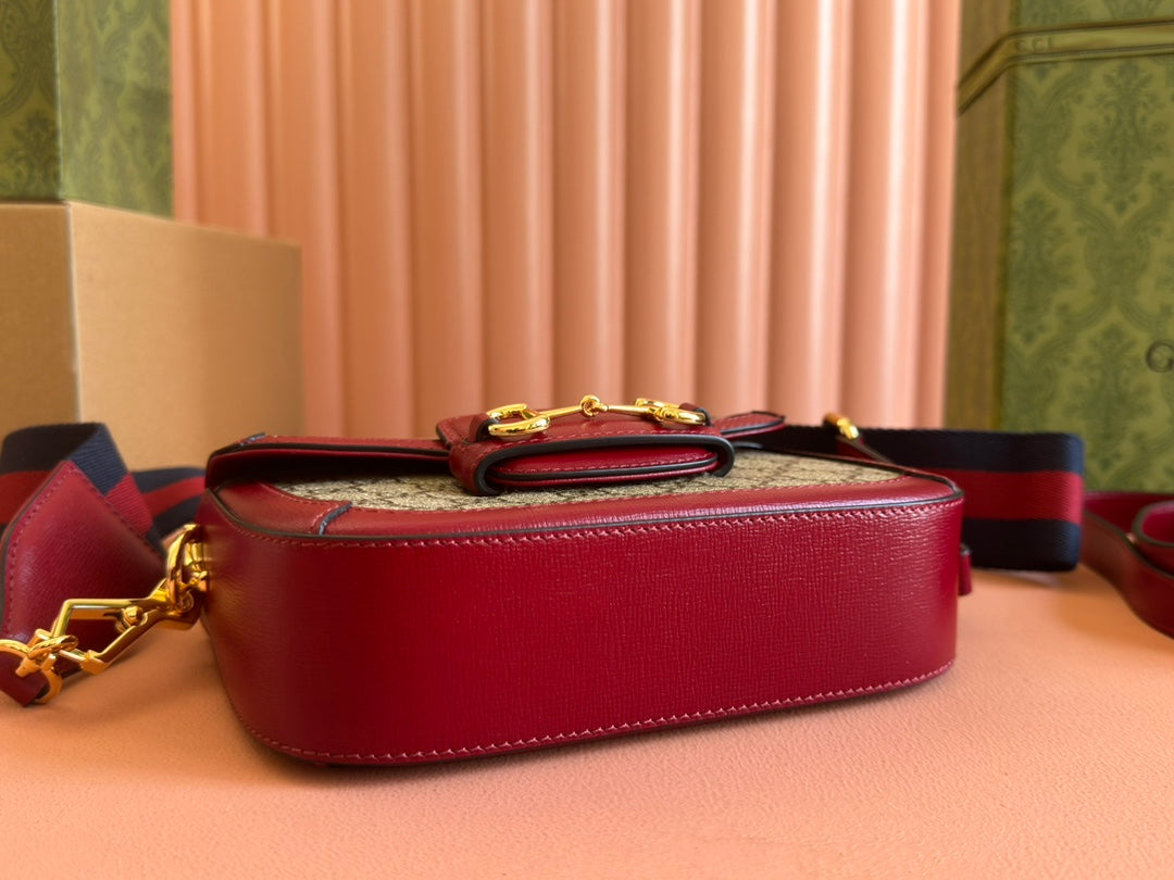 Gucci Horsebit Bag Ebony mix Rosso Ancora Red Leather Canvas 244259 mysite