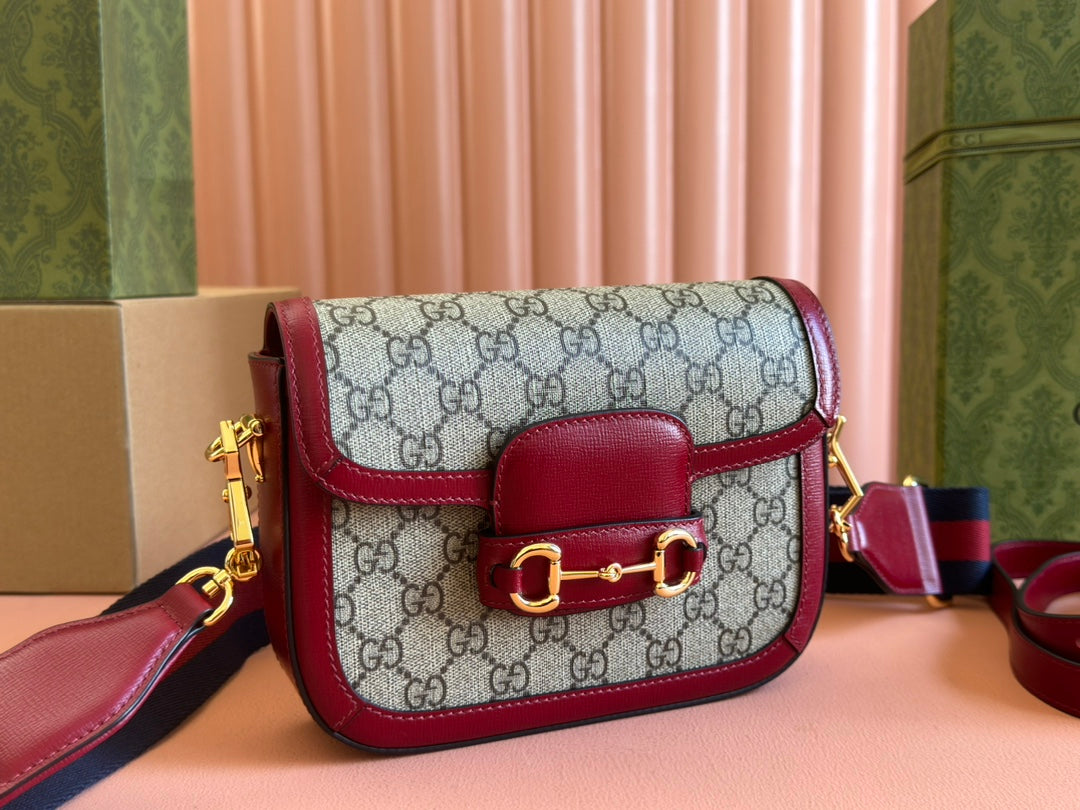 Gucci Horsebit Bag Ebony mix Rosso Ancora Red Leather Canvas 244259 mysite