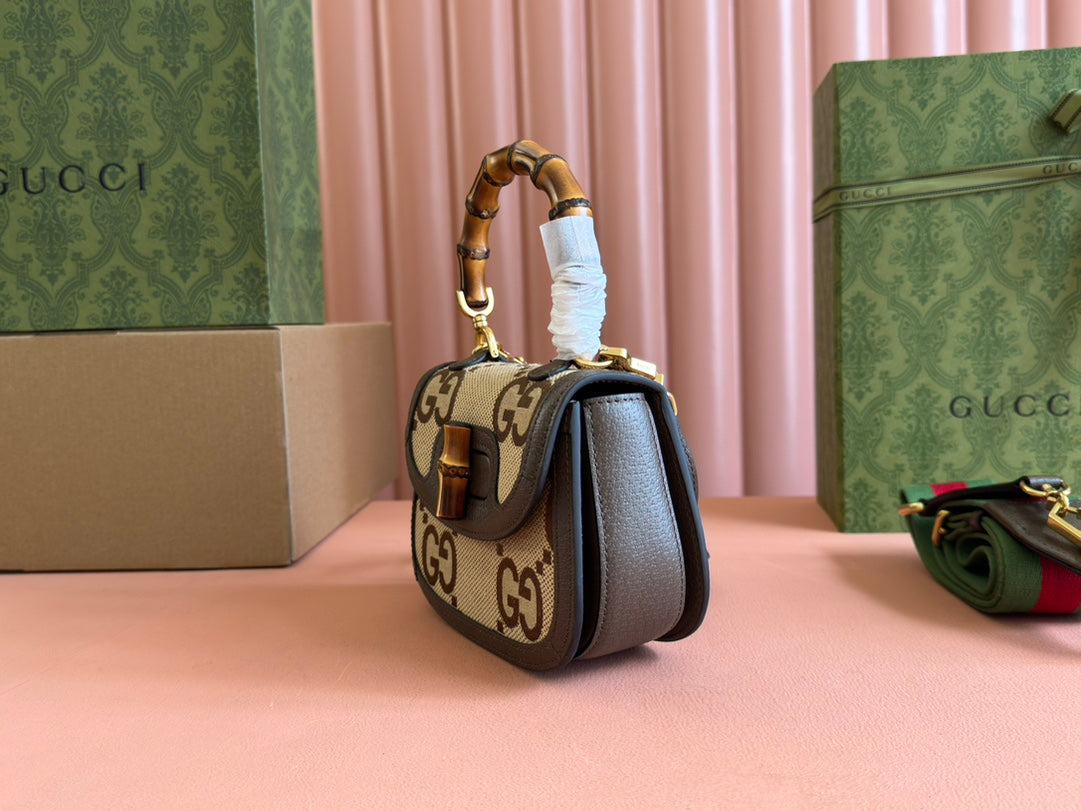 Gucci Bamboo Bag 17cm Brown mix Beige Canvas Leather 248506 mysite