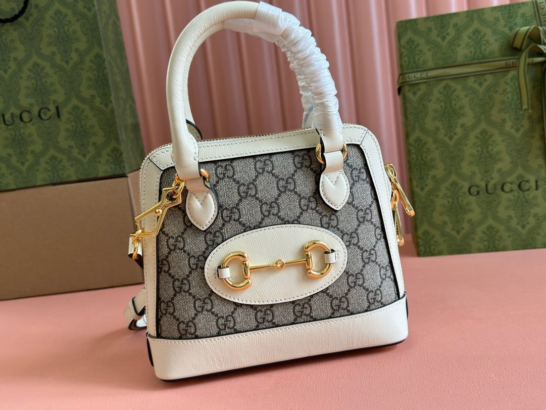 GG Horsebit 1955 Small Top Handle Bag Beige & White GG Monogram Fabric 272171 mysite