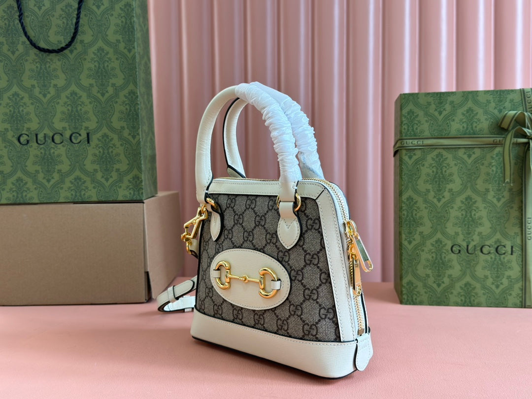 GG Horsebit 1955 Small Top Handle Bag Beige & White GG Monogram Fabric 272171 mysite
