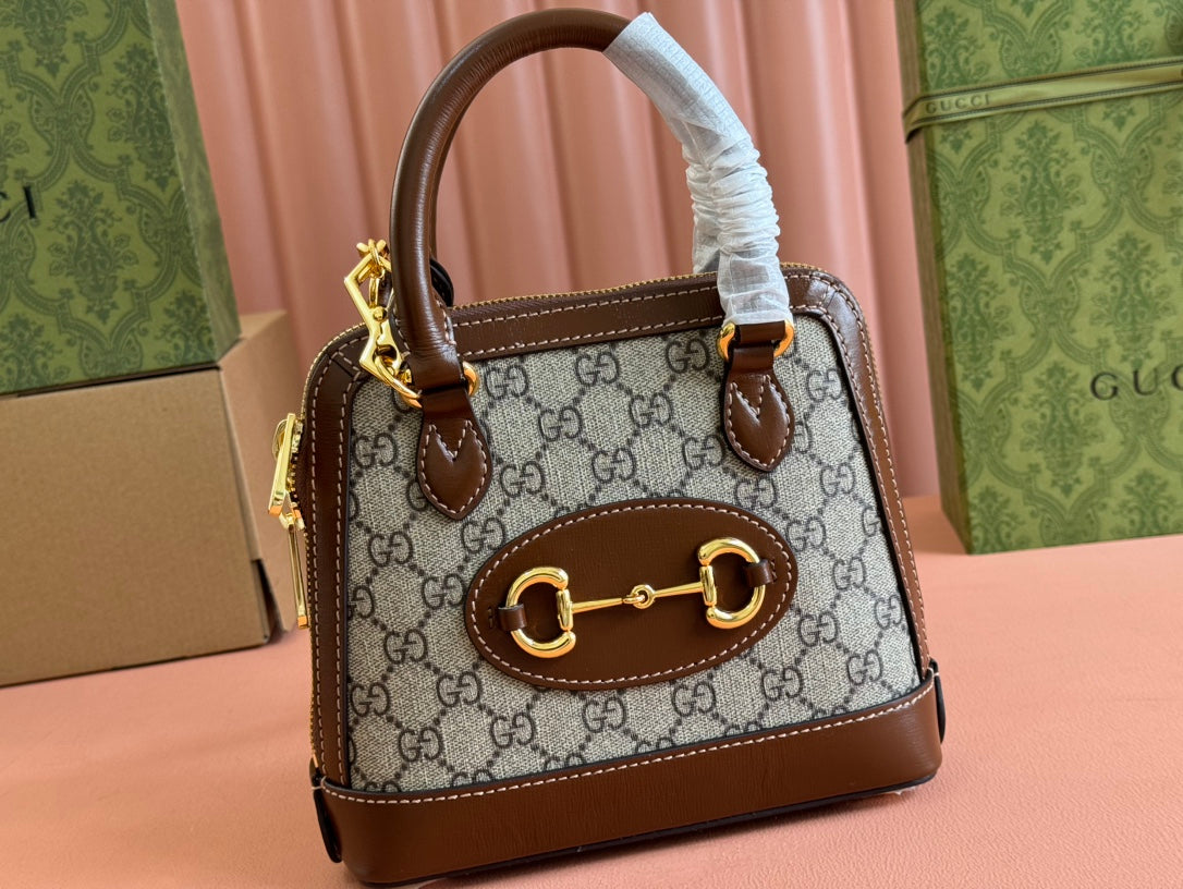 GG Horsebit 1955 Small Top Handle Bag Beige & Black GG Monogram Fabric 272170 mysite