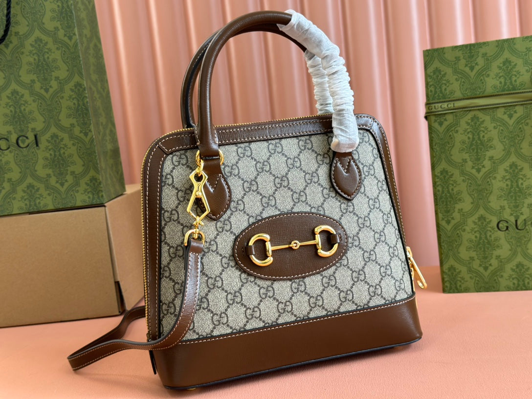 GG Horsebit 1955 Small Top Handle Bag Beige & Dark Brown GG Monogram Fabric 272173 mysite