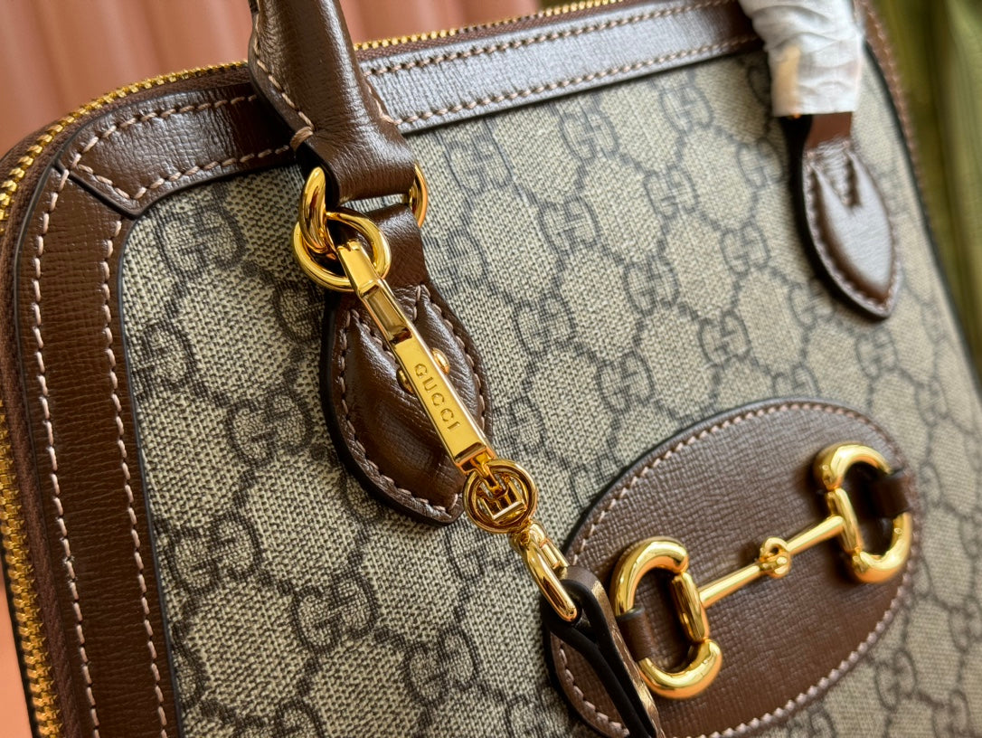GG Horsebit 1955 Small Top Handle Bag Beige & Dark Brown GG Monogram Fabric 272173 mysite