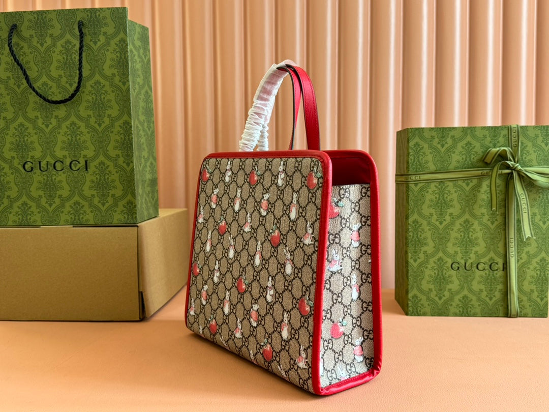 Gucci Bunny Print Tote Bag Red Beige Canvas 231228 mysite