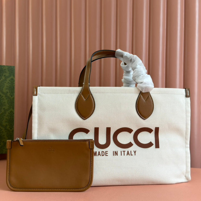 Gucci Medium Tote Bag Brown White Leather Canvas 248187 mysite