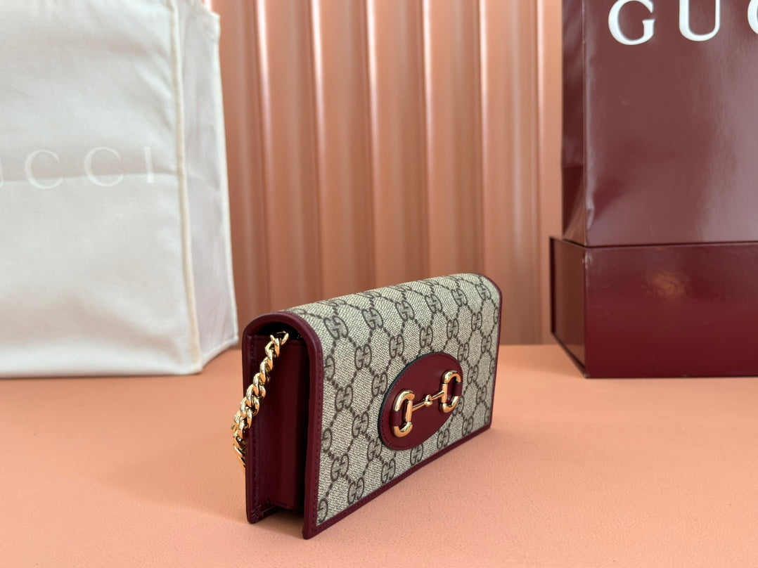 Gucci Horsebit 1995 Chain Wallet Beige mix Rosso Ancora red Canvas 244278 mysite