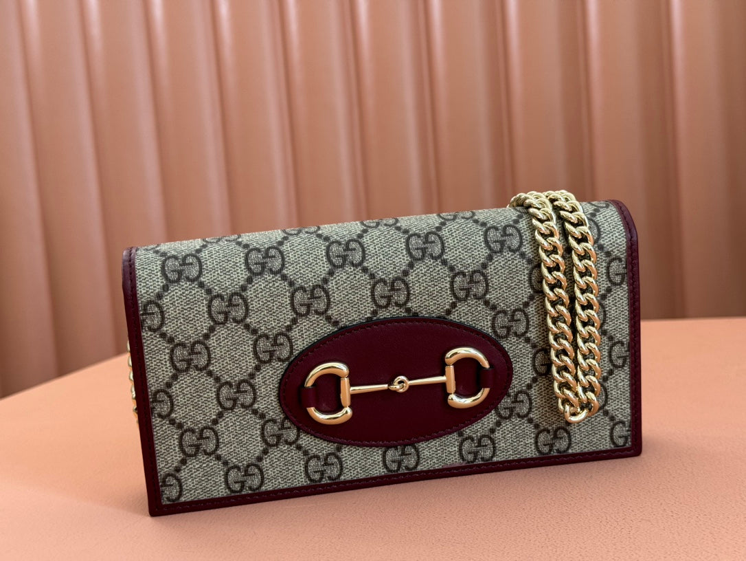 Gucci Horsebit 1995 Chain Wallet Beige mix Rosso Ancora red Canvas 244278 mysite