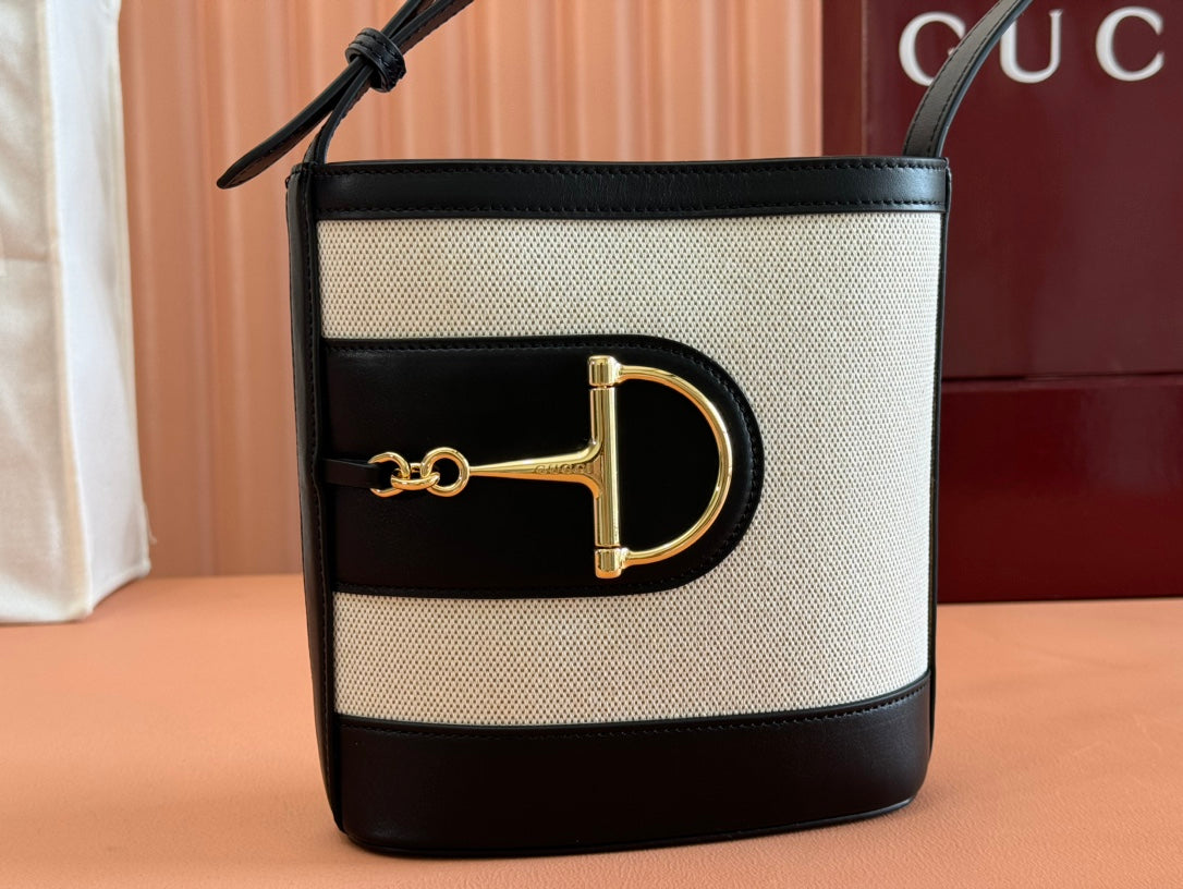 Gucci 73 Mini Bucket Bag Black White Leather Canvas 239679 mysite