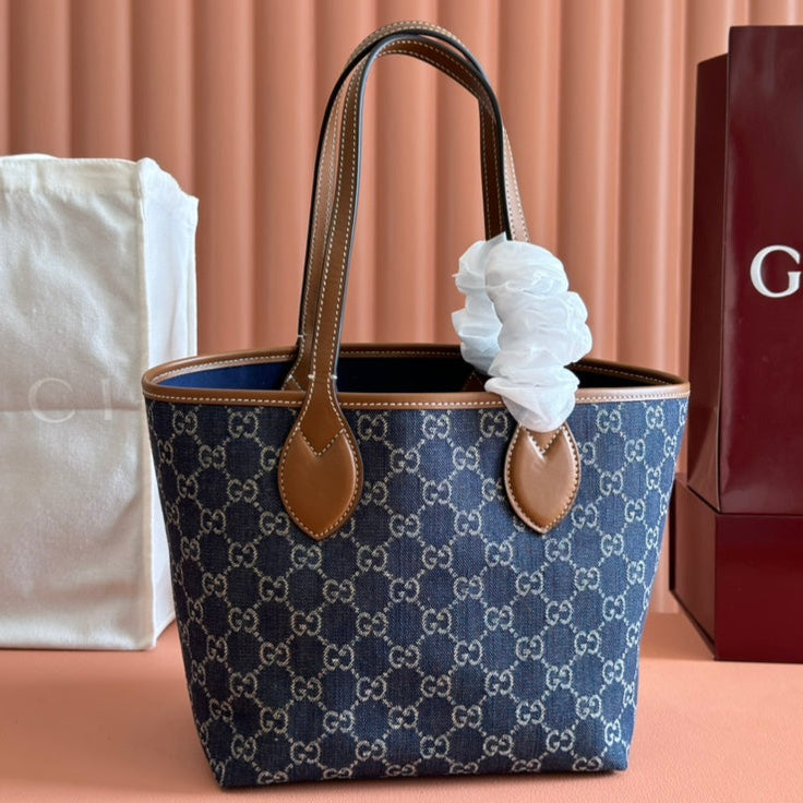 Gucci Totissima 22cm Tote Bag Blue mix Brown Denim Leather 248432 mysite