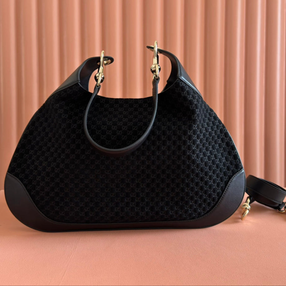 Gucci Body Double Lock Handbag Black Velvet Embossed Leather 248133 mysite