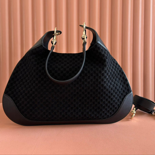 Gucci Body Double Lock Handbag Black Velvet Embossed Leather 248133 mysite