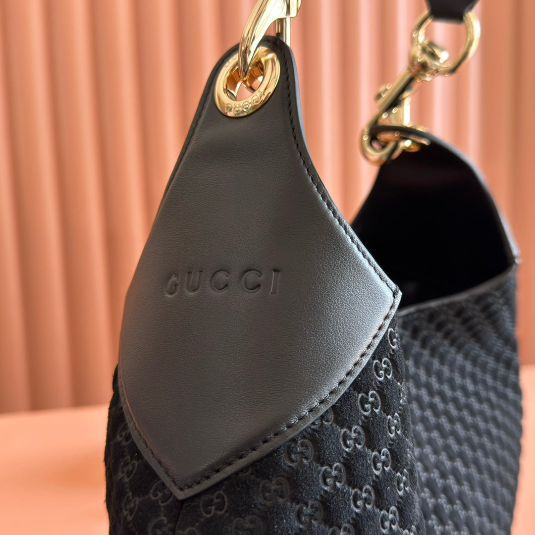 Gucci Body Double Lock Handbag Black Velvet Embossed Leather 248133 mysite