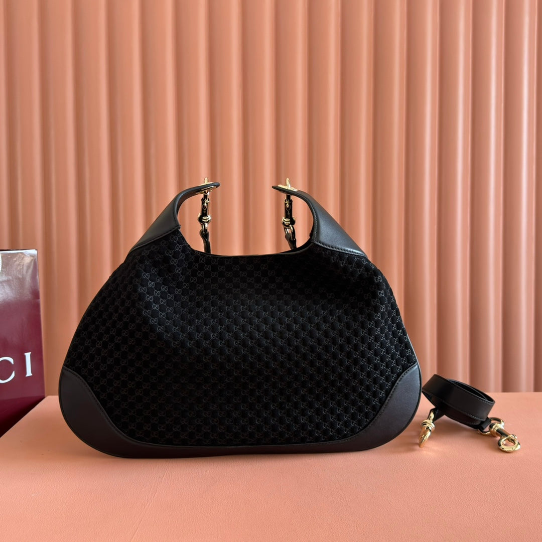 Gucci Body Double Lock Handbag Black Velvet Embossed Leather 248133 mysite