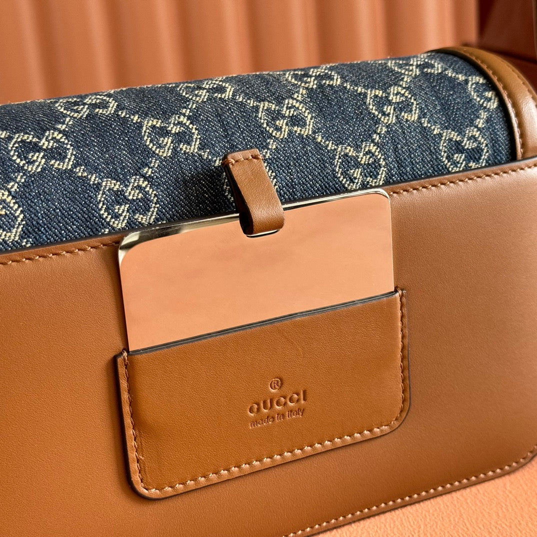 Gucci GO Small Shoulder Bag Brown mix Blue Leather Canvas 248117 mysite