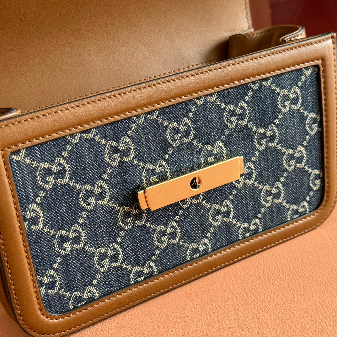 Gucci GO Small Shoulder Bag Brown mix Blue Leather Canvas 248117 mysite