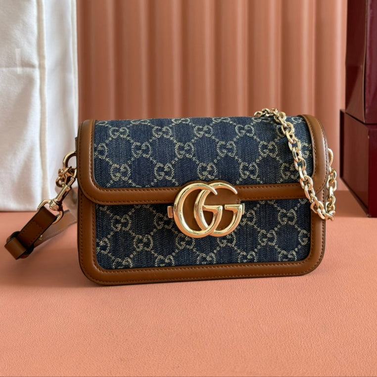 Gucci GO Small Shoulder Bag Brown mix Blue Leather Canvas 248117 mysite