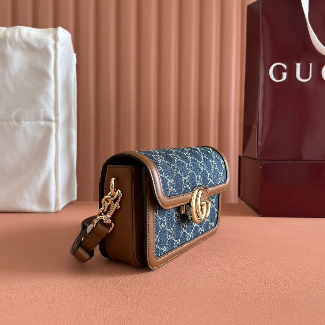 Gucci GO Small Shoulder Bag Brown mix Blue Leather Canvas 248117 mysite