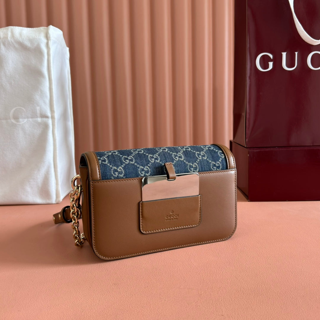 Gucci GO Small Shoulder Bag Brown mix Blue Leather Canvas 248117 mysite