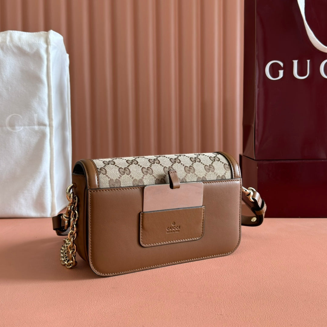 Gucci GO Small Shoulder Bag Brown mix Beige Leather Canvas 248116 mysite