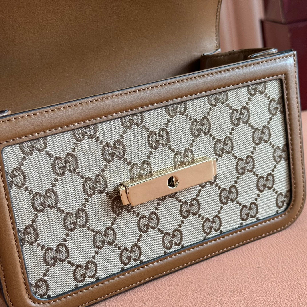 Gucci GO Small Shoulder Bag Brown mix Beige Leather Canvas 248116 mysite