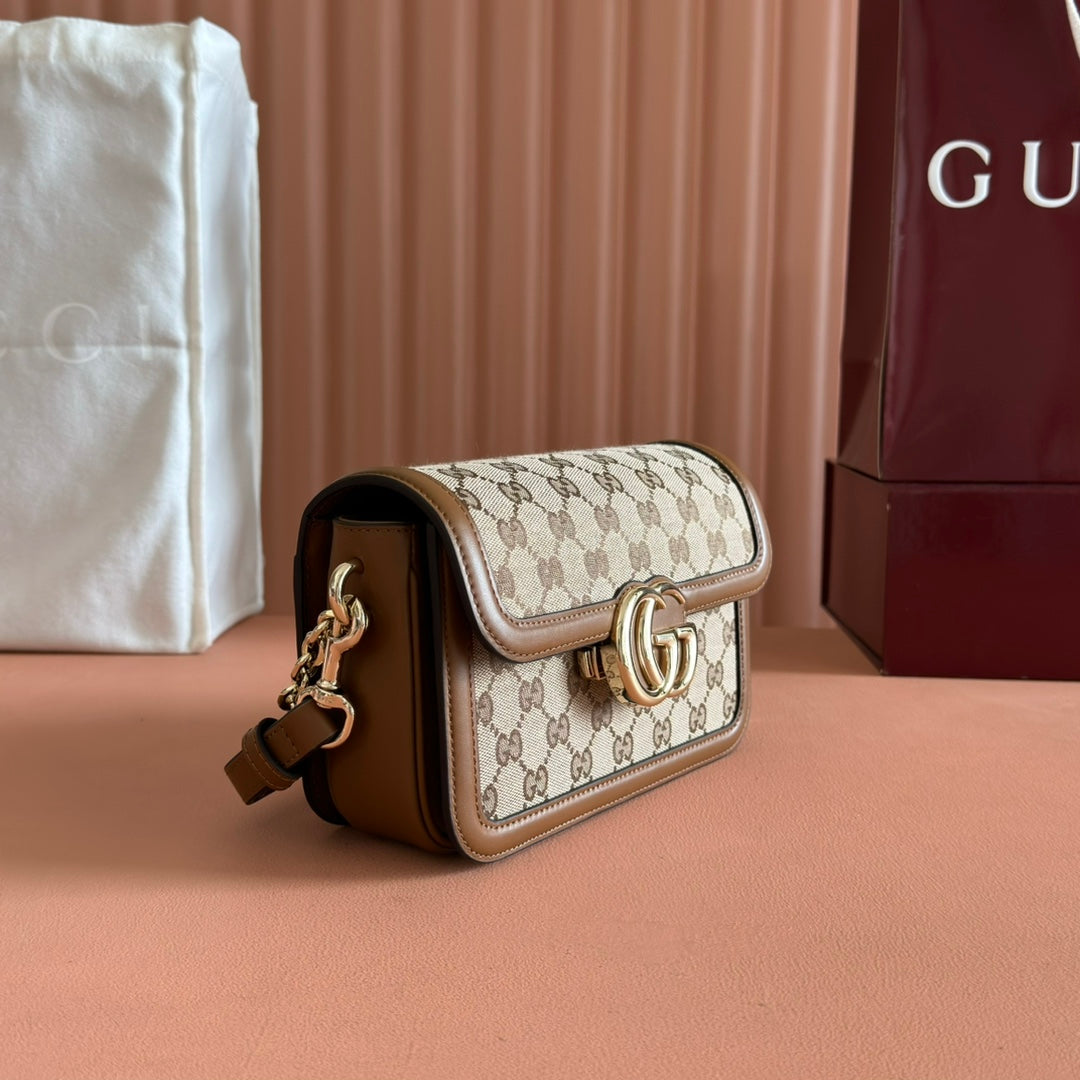 Gucci GO Small Shoulder Bag Brown mix Beige Leather Canvas 248116 mysite