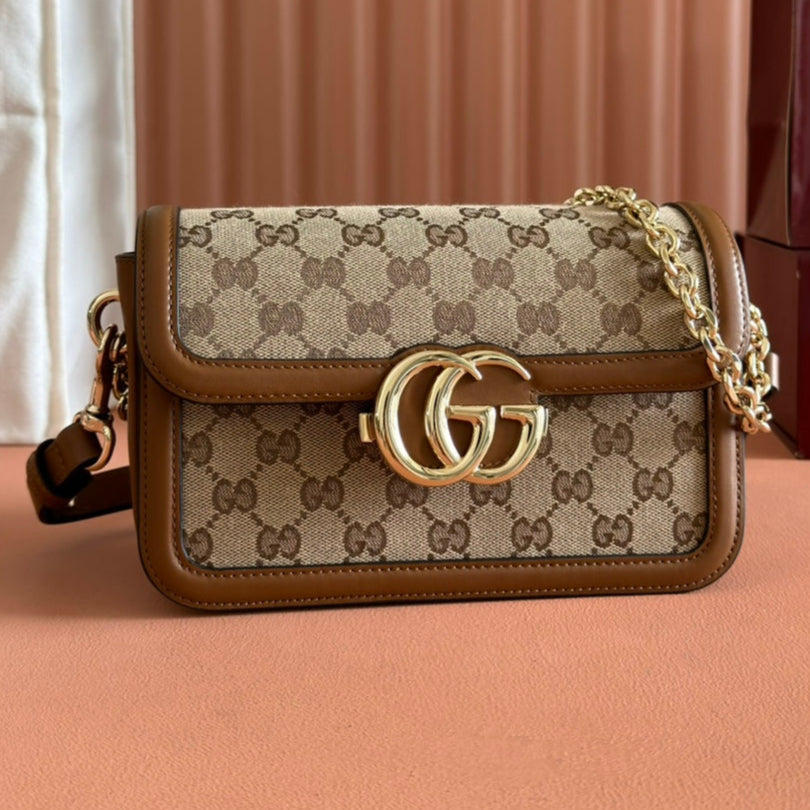 Gucci GO Small Shoulder Bag Brown mix Beige Leather Canvas 248116 mysite