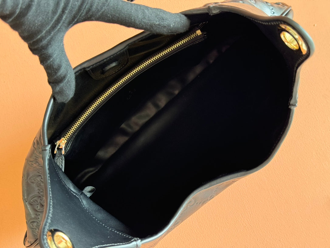 Gucci Body Double Lock Handbag Black Embossed Leather 248137 mysite