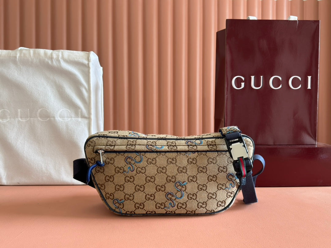 Gucci Snake Print Bag Beige mix Blue Canvas 248145 mysite