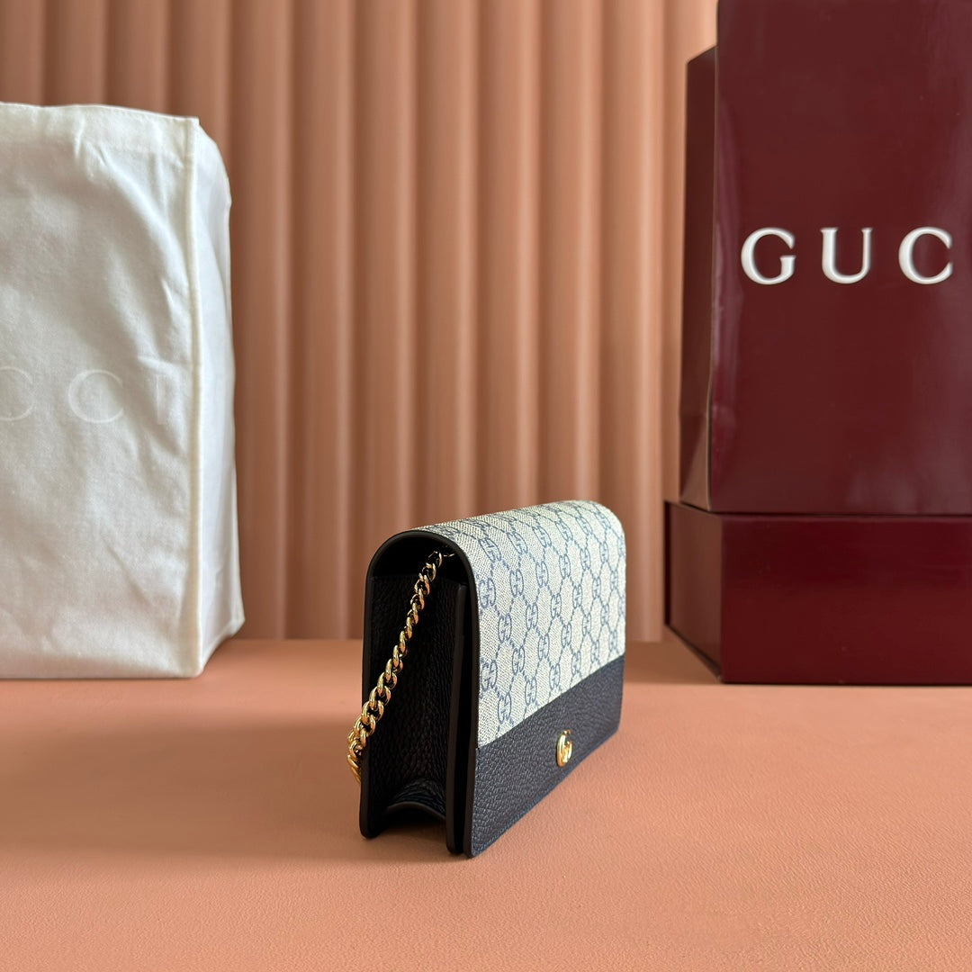 Gucci Marmont Chain Wallet Ebony Blue Black Leather Canvas 255317 mysite