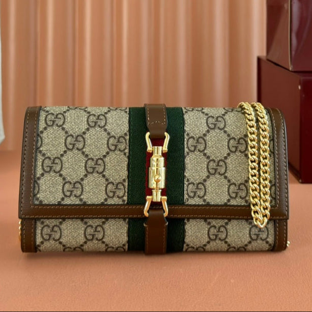 Gucci Jackie Chain Wallet Ebony Brown Canvas Leather 255174 mysite