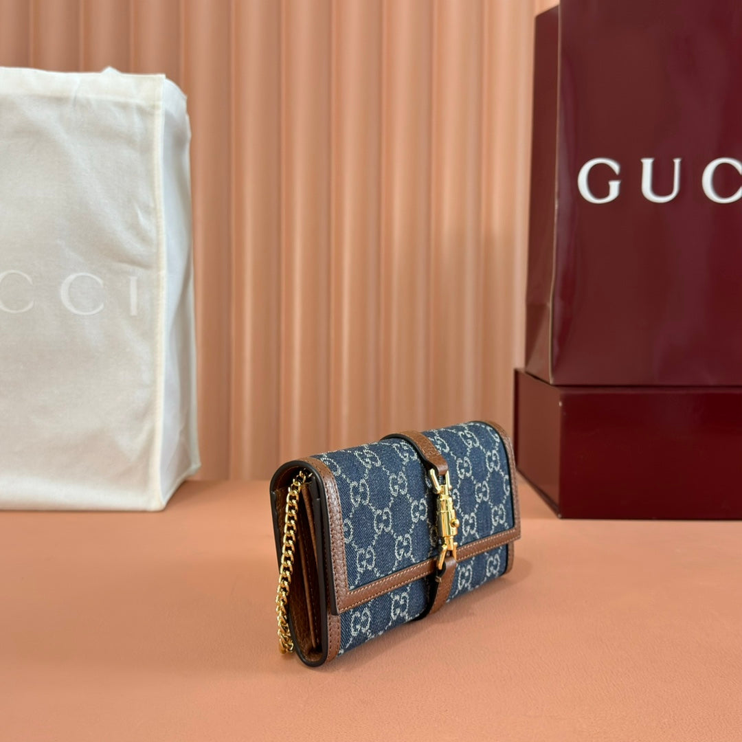 Gucci Jackie Chain Wallet Blue Brown Canvas Leather 255173 mysite