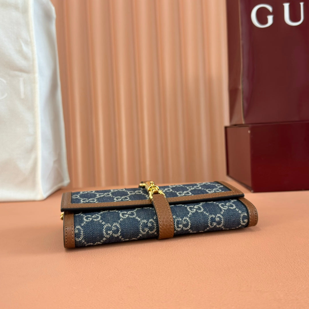Gucci Jackie Chain Wallet Blue Brown Canvas Leather 255173 mysite